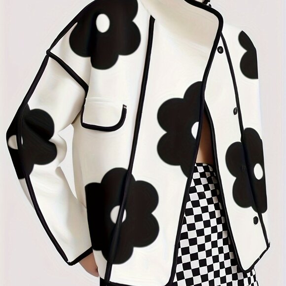 Chic Floral Print Jacket Stand Collar Long Sleeve, Button-Up with Front Pockets - Picture 4 of 6